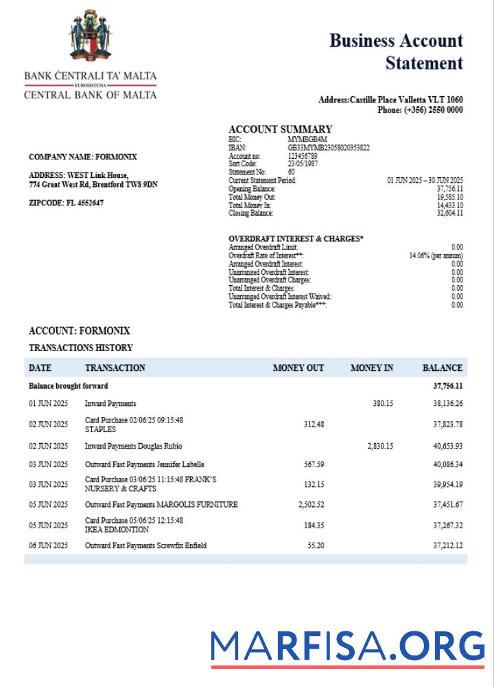 Realistic Central Bank of Malta firm account statement Word and PDF template (1)